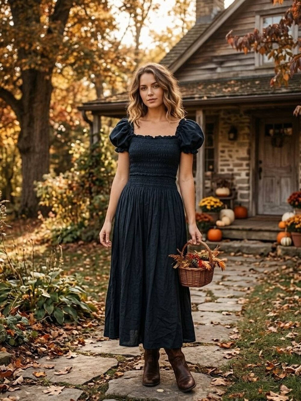Caroline Constas Black Smocked Cotton Puff Sleeve Maxi Dress
